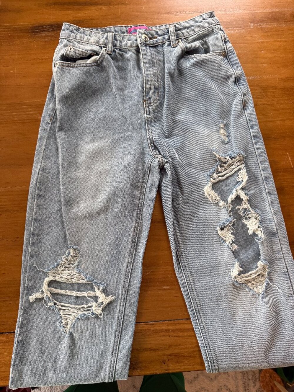 EDIKTED Gray Distressed Straight Leg Jeans Size S
